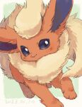  closed_mouth commentary_request dated flareon fluffy green_background highres looking_at_viewer nekogusa no_humans pokemon pokemon_(creature) smile solo tongue tongue_out 
