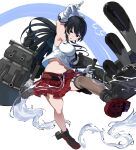  1girl absurdres adapted_turret agano_(kancolle) anchor_symbol artillery asymmetrical_legwear black_hair black_sailor_collar blush breasts cannon cleavage gegeron gloves green_eyes highres kantai_collection kicking large_breasts long_hair machinery mast navel necktie open_mouth pleated_skirt red_skirt rigging sailor_collar school_uniform serafuku signature single_thighhigh skirt sleeveless smokestack solo thighhighs torpedo_launcher torpedo_tubes turret uneven_legwear white_background white_gloves 