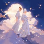  2boys 7203274984 angel angel_wings aziraphale_(good_omens) cloud crowley_(good_omens) good_omens halo highres multiple_boys red_hair sparkle_background white_hair wings 