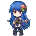  1girl alternate_costume armor black_thighhighs blue_footwear blue_hair chibi closed_mouth food-themed_hair_ornament full_body hair_ornament hinanawi_tenshi leaf long_hair looking_at_viewer peach_hair_ornament red_eyes simple_background skartinova smile solo thighhighs touhou very_long_hair white_background 