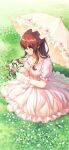  1girl bangs brown_eyes brown_hair closed_mouth day dress flower gloves grass hair_between_eyes highres idolmaster idolmaster_shiny_colors kurageso long_hair osaki_tenka outdoors pink_dress shiny_hair short_sleeves sitting solo umbrella white_flower white_gloves white_umbrella 