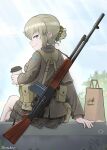  1girl absurdres adapted_uniform aqua_eyes bag blonde_hair bullet_hole camouflage_scrunchie cloud coffee crossed_legs cup gun gun_on_back gun_sling hair_bun highres holding holding_cup kilroy_was_here load_bearing_equipment looking_at_viewer looking_back m1918_bar machine_gun original paper_bag plaid plaid_skirt pouch savankov scrunchie short_hair signature sitting skirt sky smile soldier solo tree united_states_army_rangers weapon weapon_on_back 