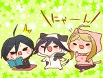  1girl 2boys ^^^ ahoge akamatsu_kaede animal_costume animal_ear_hood animal_ears aqua_hair black_eyes black_jacket black_pants black_sleeves black_socks blonde_hair blush book buttons cat_ears cat_tail chibi colored_tips crest cushion danganronpa_(series) danganronpa_v3:_killing_harmony fake_animal_ears fake_tail floral_background flying_sweatdrops full_body furrowed_brow green_background hair_between_eyes hair_ornament hairclip hand_on_own_cheek hand_on_own_face holding holding_book hood hood_up hoodie jacket jumpsuit kneehighs layered_sleeves long_hair long_sleeves miniskirt multicolored_hair multiple_boys musical_note musical_note_print nervous_sweating no_shoes oma_kokichi onesie open_book open_mouth pale_skin pants pink_hoodie pink_sleeves pinstripe_jacket pinstripe_pants pinstripe_pattern pinstripe_sleeves pleated_skirt pocket purple_hair purple_skirt saihara_shuichi seiza simple_background sitting skirt smile socks solid_oval_eyes starry_background surprised sweat tail v-shaped_eyebrows white_jumpsuit white_sleeves yumaru_(marumarumaru) zabuton 