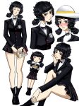  absurdres alternate_costume black_shirt blush book bow bowtie chaosoded chibi collared_shirt full_body hat highres kawakami_sadayo persona persona_5 pleated_skirt school_uniform shirt simple_background sitting skirt smile sun_hat twintails white_background 