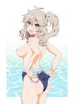  absurdres adjusting_clothes adjusting_swimsuit aqua_eyes ass back blush breasts competition_swimsuit fang from_behind hair_between_eyes highres kasukabe_tsumugi light_brown_hair long_hair looking_at_viewer looking_back medium_breasts messy_hair nipples one-piece_swimsuit open_mouth side_ponytail skin_fang swimsuit thighs usazirou539 voicevox wet 