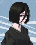  1girl absurdres black_hair black_kimono bleach blue_eyes hair_between_eyes highres japanese_clothes kimono kuchiki_rukia limn044 looking_at_viewer outdoors short_hair snowing solo upper_body 