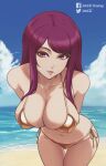  1girl bare_shoulders bikini breasts cleavage collarbone commentary english_commentary fire_emblem fire_emblem_engage gold_bikini highres ivy_(fire_emblem) johncgz large_breasts leaning_forward long_hair looking_at_viewer mole mole_under_mouth navel purple_eyes purple_hair shiny_swimsuit smile solo swimsuit 
