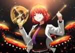  1girl absurdres black_shirt collared_shirt commentary dated drumsticks english_text gift_art highres holding holding_drumsticks horikawa_raiko looking_at_viewer necktie purple_necktie red_eyes red_hair shirt signature smile solo textless_version touhou upper_body v-shaped_eyebrows xen0moonz 