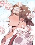  1boy bara brown_hair cherry_blossoms cigarette closed_eyes facial_hair from_side highres kimi6666 light_blush male_focus mature_male mononobe_kyoma multicolored_hair muscular muscular_male necktie ponytail portrait profile shirt sideburns_stubble smoking solo sparse_chest_hair streaked_hair stubble thick_eyebrows tokyo_afterschool_summoners unbuttoned unbuttoned_shirt undone_necktie white_hair white_shirt 
