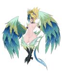  1girl absurdres animal_feet aqua_wings arm_strap bangs bird_legs bird_tail blonde_hair blue_hair breasts choker claws closed_mouth commentary completely_nude darkwrath english_commentary facial_mark feathered_wings full_body green_choker hair_between_eyes hair_ornament happy harpy highres looking_at_viewer monster_girl monster_girl_encyclopedia multicolored_hair navel nipples nude pointy_ears pussy red_eyes shiny_hair short_hair sidelocks simple_background small_breasts smile solo standing stomach tail thick_thighs thighs thunderbird_(monster_girl_encyclopedia) tongue tongue_out two-tone_hair uncensored white_background wide_hips winged_arms wings 