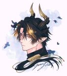  1boy arknights black_hair blonde_hair chong_yue_(alighting)_(arknights) chong_yue_(arknights) commentary_request dragon_boy dragon_horns earrings hair_over_shoulder highres horns jewelry korean_commentary long_hair looking_at_viewer low_ponytail male_focus nills parted_lips pointy_ears portrait purple_background red_eyes scar scar_on_cheek scar_on_face simple_bird 