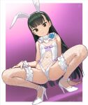  1girl animal_ears black_hair breasts brown_eyes character_request clitoris_slip copyright_request fake_animal_ears fishnet_leotard frilled_bracelet high_heels highres kawakami_rokkaku long_hair navel playboy_bunny pussy pussy_peek rabbit_ears small_breasts solo squatting 