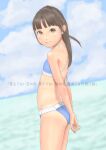  1girl arms_behind_back ass beach bikini blue_bikini blunt_bangs brown_eyes brown_hair cloud commentary_request day flat_chest from_side highres long_hair looking_at_viewer ocean original outdoors own_hands_together sky smile solo swimsuit thighs translation_request uzuki_mei 