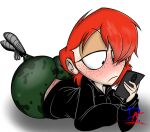 big_butt black_clothing black_jacket black_topwear blush bored butt cellphone clothing derangedartist electronics female freckles hair human jacket lying mammal on_front phone red_blush red_hair smartphone solo topwear