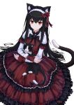  1girl animal animal_ear_fluff animal_ears black_hair bow cat cat_ears cat_girl cat_tail character_request copyright_request dress frilled_dress frills gothic_lolita hair_bow highres holding holding_animal holding_cat lolita_fashion long_hair red_dress red_eyes shibanme_tekikumo simple_background sitting solo tail white_background white_dress 