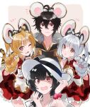  1boy 3girls :o ahoge animal_ears animal_hands bai_(granblue_fantasy) bangs black_hair blonde_hair bow detached_sleeves dress fake_animal_ears gloves granblue_fantasy grey_hair hair_bow hairband hat highres huang_(granblue_fantasy) looking_at_viewer medium_hair multiple_girls notice one_eye_closed open_mouth paw_gloves red_eyes sandalphon_(granblue_fantasy) scrunchie short_hair sleeveless sleeveless_dress sun_hat sweat tail tiger_ears tiger_girl tiger_tail twintails vikala_(granblue_fantasy) wavy_mouth wrist_scrunchie yakota_(usuk-yako) 