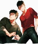  2boys arm_hair bags_under_eyes black_hair black_pants black_sweater bottle collared_shirt denim facing_viewer grin highres jeans knuckle_hair leeis_cool looking_at_viewer male_focus midriff_peek mob_psycho_100 multiple_boys open_mouth pants red_shirt scar scar_on_arm scar_on_stomach serizawa_katsuya shimazaki_ryo shirt simple_background sitting small_pupils smile sweater t-shirt twitter_username water_bottle white_background 