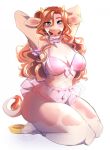 2022 anthro big_breasts bovid bovine breasts cattle cleavage clothed clothing female female_anthro ferwanwan hi_res hooves horn kneeling lingerie mammal navel pink_clothing pink_lingerie pink_theme shaded simple_background skimpy smile solo tail tail_tuft tuft watermark white_background