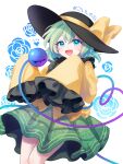  1girl :d absurdres alternate_eye_color black_hat blue_eyes blue_flower blue_rose blush bow commentary_request cowboy_shot floating_clothes floral_background floral_print flower frilled_shirt_collar frilled_sleeves frills green_hair green_skirt hair_between_eyes hakurei_kaede hands_up happy hat hat_bow heart heart-shaped_pupils heart_of_string highres koishi_day komeiji_koishi looking_at_viewer medium_hair open_mouth print_skirt rose rose_print signature simple_background skirt sleeves_past_fingers sleeves_past_wrists smile solo symbol-shaped_pupils third_eye touhou white_background wide_sleeves yellow_bow 