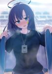  1girl black_shirt blue_archive blue_buruma blue_eyes blue_jacket blurry blurry_background blush breasts buruma gym_uniform halo highres id_card jacket kaine_(gupisgood) long_hair looking_at_viewer name_tag official_alternate_costume open_mouth outdoors ponytail purple_eyes purple_hair shirt short_sleeves smile solo star_(symbol) star_sticker steaming_body sticker_on_face sweat upper_body yuuka_(blue_archive) yuuka_(track)_(blue_archive) 