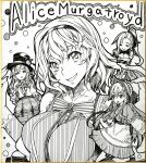  4girls alice_margatroid bangs bow bowtie breasts character_name dress english_text greyscale hairband hat headdress highres ishida_kazuma large_breasts long_hair long_sleeves monochrome multiple_girls ponytail shanghai_doll shikishi short_hair striped striped_bow striped_bowtie top_hat touhou traditional_media typo upper_body 