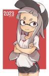  1girl 2023 bangs baseball_cap black_headwear black_shorts blunt_bangs brown_eyes brown_hair crossed_arms domino_mask hat inkling inkling_girl kikai_(akita_morgue) long_hair mask red_background shirt short_shorts short_sleeves shorts simple_background smile solo splatoon_(series) tentacle_hair white_shirt 