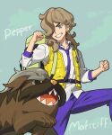  1boy arven_(pokemon) belt black_belt brown_hair character_name clenched_hands collared_shirt commentary_request eyelashes green_eyes grin hair_over_one_eye highres long_hair looking_down mabosstiff male_focus necktie open_clothes open_vest pants pokemon pokemon_(creature) pokemon_(game) pokemon_sv purple_necktie purple_pants shirt smile teeth u2t5k2s5 vest white_shirt yellow_vest 