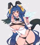  1girl asymmetrical_wings blue_hair breasts chemaru_(a8l) cleavage cowboy_shot cup detached_collar dizzy_(guilty_gear) guilty_gear highres holding holding_cup large_breasts looking_at_viewer open_mouth playboy_bunny red_eyes smile solo twintails wings 