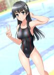  1girl absurdres black_hair black_one-piece_swimsuit commentary_request competition_swimsuit covered_navel feet_out_of_frame flower green_eyes grin groin hair_flower hair_ornament highleg highleg_swimsuit highres long_hair one-piece_swimsuit partial_commentary pool saten_ruiko smile solo standing swimsuit takafumi toaru_kagaku_no_railgun toaru_majutsu_no_index v variant_set 