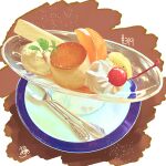  absurdres cherry dessert food food_focus fruit highres ice_cream no_humans original plate pudding pudding_a_la_mode spoon takisou_sou wafer whipped_cream 