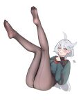  1girl absurdres ahoge back-seamed_legwear black_pantyhose feet feet_up front-seamed_legwear green_shorts grey_eyes grey_hair gundam gundam_suisei_no_majo hair_between_eyes highres leg_up legs long_hair looking_at_viewer low_ponytail miorine_rembran pantyhose school_uniform seamed_legwear shorts soles thick_eyebrows tierla 