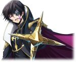  1boy artist_request black_coat black_gloves black_hair black_shirt cape coat code_geass code_geass:_lost_stories cropped_torso epaulettes eyepatch foreshortening game_cg gem gloves gold gold_trim hair_between_eyes half-closed_eyes happy high_collar holding holding_scepter julius_kingsley looking_at_viewer male_focus military_uniform non-web_source official_art one_eye_covered open_clothes open_coat open_mouth outstretched_arm pointing pointing_at_viewer purple_cape purple_eyes purple_gemstone scepter shirt short_hair sidelocks simple_background smile solo teeth transparent_background two-sided_cape two-sided_fabric uniform upper_body 
