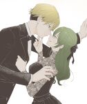  1boy 1girl alternate_costume alternate_hairstyle black_bow black_bowtie black_suit blonde_hair bow bowtie formal from_side glasses green_hair hana_(hanauta1110) hand_on_another&#039;s_chin hand_on_wall hand_up highres lace_dress land_(sousou_no_frieren) licking_lips long_sleeves muted_color noses_touching profile shirt short_hair smile sousou_no_frieren suit tongue tongue_out traditional_bowtie ubel_(sousou_no_frieren) upper_body white_shirt 