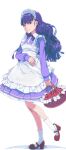  1girl akinbo_(hyouka_fuyou) apron bangs basket blunt_bangs closed_mouth delicious_party_precure dress_shirt food from_side fruit full_body highres holding holding_basket kasai_amane layered_skirt long_hair looking_at_viewer maid maid_headdress medium_skirt neck_ribbon precure purple_hair purple_ribbon purple_shirt purple_skirt red_eyes red_footwear ribbon shiny_hair shirt simple_background skirt socks solo standing white_apron white_background white_socks 