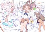  6+girls absurdres animal_ears arctic_hare_(kemono_friends) arms_up bangs bare_shoulders black_hair blue_eyes breasts brown_eyes brown_hair closed_eyes closed_mouth coat detached_sleeves european_hare_(kemono_friends) extra_ears ezo_mountain_hare_(kemono_friends) frills from_above fur_collar fur_trim gloves hair_over_one_eye hairband hand_on_own_cheek hand_on_own_face heterochromia highres japanese_hare_(kemono_friends) kemono_friends long_bangs long_hair looking_at_viewer looking_up lying male_focus mamiyama medium_hair miniskirt mountain_hare_(kemono_friends) multicolored_hair multiple_girls on_back on_side open_mouth pantyhose rabbit_ears rabbit_girl rabbit_tail sailor_collar shirt shorts sitting skirt sleeveless sleeveless_shirt smile tail tan thighhighs tsukuyomi_shinshi_(kemono_friends) two-tone_hair very_long_hair wariza white_hair white_pantyhose yellow_eyes zettai_ryouiki 