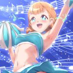  1girl :d alternate_costume annette_fantine_dominic bare_shoulders blue_eyes blush breasts cheerleader crop_top fire_emblem fire_emblem:_three_houses groin heart heart-shaped_pupils holding holding_pom_poms medium_breasts midriff miniskirt musical_note navel open_mouth orange_hair pleated_skirt pom_pom_(cheerleading) short_hair simple_background skirt smile solo symbol-shaped_pupils twintails yanmarson 