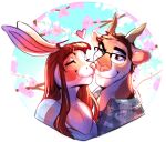 2022 ahoge anthro brown_hair cherry_blossom cherry_blossom_tree cherry_tree clothed clothing cougar duo eyelashes eyes_closed felid feline female female_anthro fer_(ferwanwan) ferwanwan fruit_tree hair heart_symbol horn javier_(scraphead) lagomorph leporid male male/female male_anthro mammal one_eye_closed plant predator/prey rabbit romantic romantic_couple smile tree