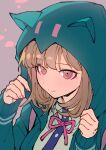  1girl absurdres brown_hair collared_shirt danganronpa_(series) danganronpa_2:_goodbye_despair green_jacket hair_ornament hands_up highres hood hood_up hooded_jacket jacket long_sleeves medium_hair nanami_chiaki neck_ribbon no_hair_ornament open_clothes open_jacket pink_eyes pink_ribbon ribbon shirt simple_background smile two-tone_shirt youko-shima 