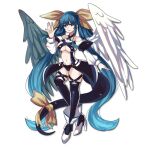  1girl asymmetrical_wings black_thighhighs blue_hair breasts detached_sleeves dizzy_(guilty_gear) feathered_wings full_body guilty_gear hair_ribbon highres hina_co_330 looking_at_viewer red_eyes ribbon simple_background smile solo tail thighhighs twintails white_background wings 