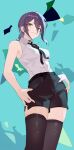  &gt;:) 1girl abstract_background absurdres aqua_background bare_shoulders black_choker black_hair black_ribbon black_shorts black_thighhighs chainsaw_man choker collared_shirt contrapposto from_below green_eyes hair_between_eyes hands_on_own_hips high-waist_shorts highres looking_at_viewer low_ponytail medium_hair neck_ribbon office_lady reze_(chainsaw_man) ribbon shirt shirt_tucked_in shorts sidelocks simple_background sleeveless sleeveless_shirt thighhighs v-shaped_eyebrows white_shirt wudongyouyi 