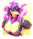  2022 abstract_background accessory anthro anthrofied big_breasts breast_focus breasts clothed clothing colored_fire eyelashes fan_character female female_anthro ferwanwan fire fluffy generation_8_pokemon hair_accessory hairband hi_res hisuian_form hisuian_typhlosion mammal mustelid nintendo pokemon pokemon_(species) pokemorph purple_fire regional_form_(pokemon) shaded smile solo tuft watermark 