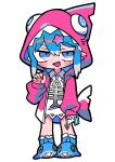  1girl absurdres animal_hood animal_slippers blue_eyes blue_footwear blue_hair blush_stickers coat collared_shirt fang fins fish_skeleton_print fish_tail full_body hair_ornament hand_up highres hood jitome long_hair looking_at_viewer multicolored_hair open_clothes open_coat open_mouth pink_nails pink_raincoat pointy_ears pouch print_shirt raincoat shark_fin shark_hood shark_slippers shark_tail sharkvox shirt sidelocks slippers solo star_(symbol) star_hair_ornament streaked_hair tail terada_tera white_hair white_shirt 