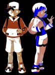  1boy 1girl afyewv5 backwards_hat bag baseball_cap bike_shorts black_background black_hair blue_eyes blue_hair ethan_(pokemon) hand_in_pocket hat highres holding holding_poke_ball jacket kris_(pokemon) long_hair looking_at_viewer official_style poke_ball pokegear pokemon pokemon_gsc shirt shorts smile standing v 