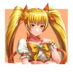  1girl absurdres bangs blonde_hair border bow bowtie choker collarbone crop_top cure_sunshine floating_hair flower hair_bow hair_flower hair_ornament heartcatch_precure! highres long_hair looking_at_viewer orange_bow orange_choker precure sakana_sakanama shiny_hair short_sleeves solo twintails upper_body very_long_hair white_border yellow_bow yellow_bowtie yellow_eyes yellow_flower 