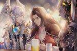  3boys alcohol beer brown_hair cape colored_skin cup dunban_(xenoblade) egil_(xenoblade) grey_hair grey_skin head_wings highres holding holding_cup jewelry kallian_antiqua multiple_boys red_vest ring trait_connection ui_frara vest wings xenoblade_chronicles_(series) xenoblade_chronicles_1 