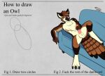 anthro avian balls beak bird brown_body brown_feathers circle claws feather_tuft feathers feet furniture genitals hi_res how-to looking_at_viewer lying male masturbation meme nude on_back on_sofa owl sofa solo tail tail_feathers talons tan_body tan_feathers thibbycat toe_claws toes tuft yellow_eyes