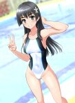  1girl absurdres black_hair commentary_request competition_swimsuit covered_navel feet_out_of_frame flower green_eyes grin groin hair_flower hair_ornament highleg highleg_swimsuit highres long_hair one-piece_swimsuit partial_commentary pool saten_ruiko smile solo standing swimsuit takafumi toaru_kagaku_no_railgun toaru_majutsu_no_index two-tone_swimsuit v variant_set white_one-piece_swimsuit 