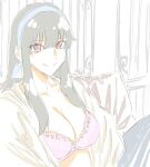  1girl black_hair blush bra breasts cleavage hairband highres large_breasts lingerie long_hair looking_at_viewer mitsugu navel open_clothes open_shirt pink_bra red_eyes shirt sidelocks sketch smile solo spy_x_family unbuttoned unbuttoned_shirt underwear white_hairband yor_briar 