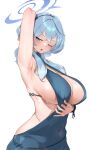  1girl ;o ako_(blue_archive) ako_(dress)_(blue_archive) armpits blue_archive blue_dress blue_eyes blue_hair blue_hairband blue_halo blush breasts covered_navel covered_nipples dress hairband halo highres large_breasts long_hair looking_at_viewer monoi_daru official_alternate_costume one_eye_closed open_mouth revealing_clothes sideboob simple_background solo sweat v-shaped_eyebrows white_background 