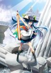  1girl :d bangs black_footwear blue_hair blue_skirt blue_sky boots cityscape full_body hinanawi_tenshi holding holding_sword holding_weapon ishida_kazuma long_hair looking_at_viewer open_mouth outdoors pillar red_eyes shirt skirt sky smile solo standing sword sword_of_hisou touhou weapon white_shirt 